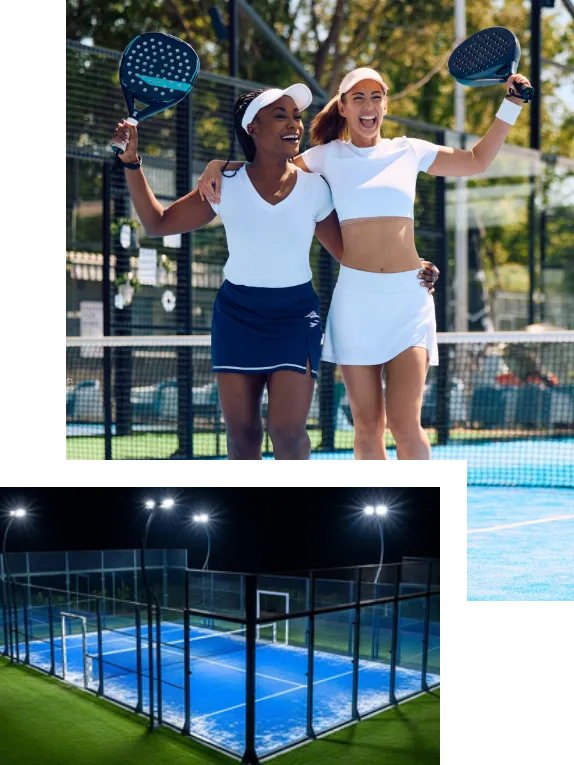 Bildzusammenstellung zwei Damen mit Padelschlägern und Padelplatz bei Nacht